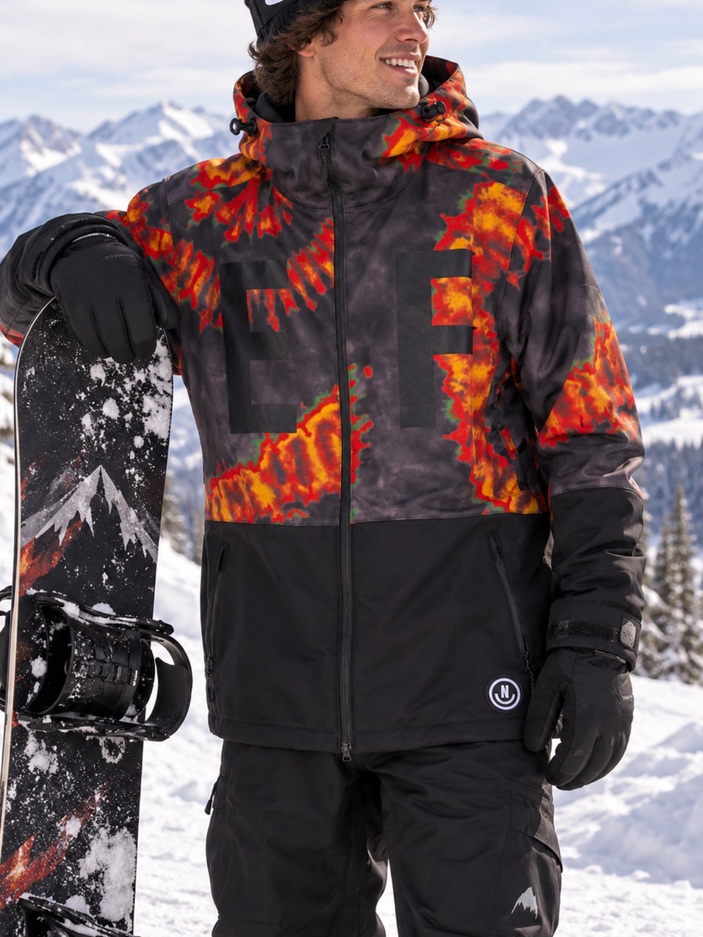 NEFF Snowboard Jacket Mens L Black Fire Tie Dye Hooded Fleece Lined Ski Coat